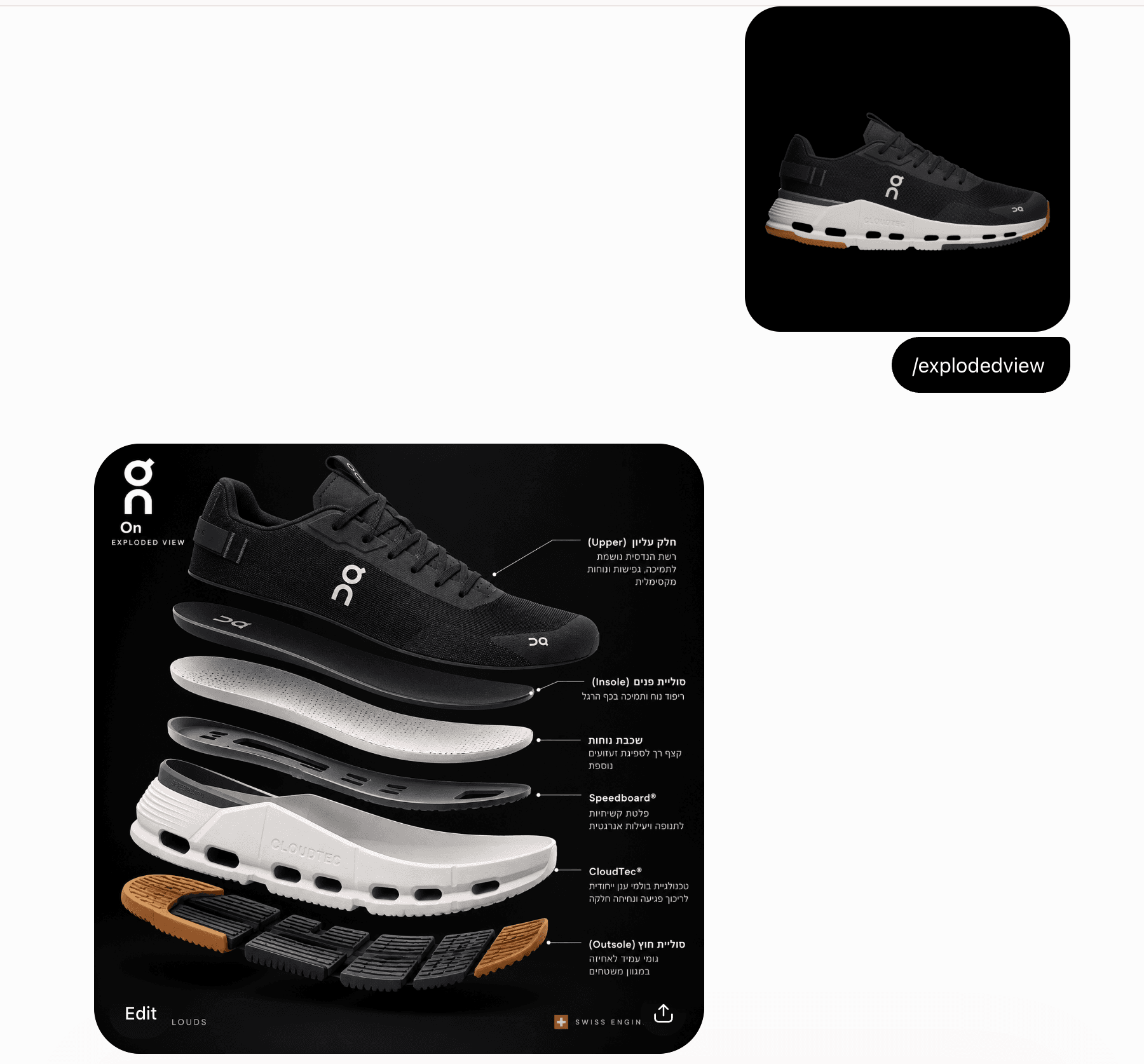 תוצאת exploded view של הנעל אחרי הפעלת קיצור הסלש