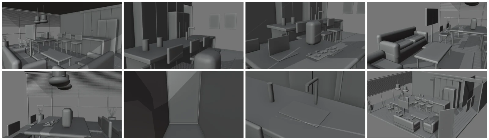 שמונה זוויות מצלמה באפור מתוך מודל הדירה ב-Blender