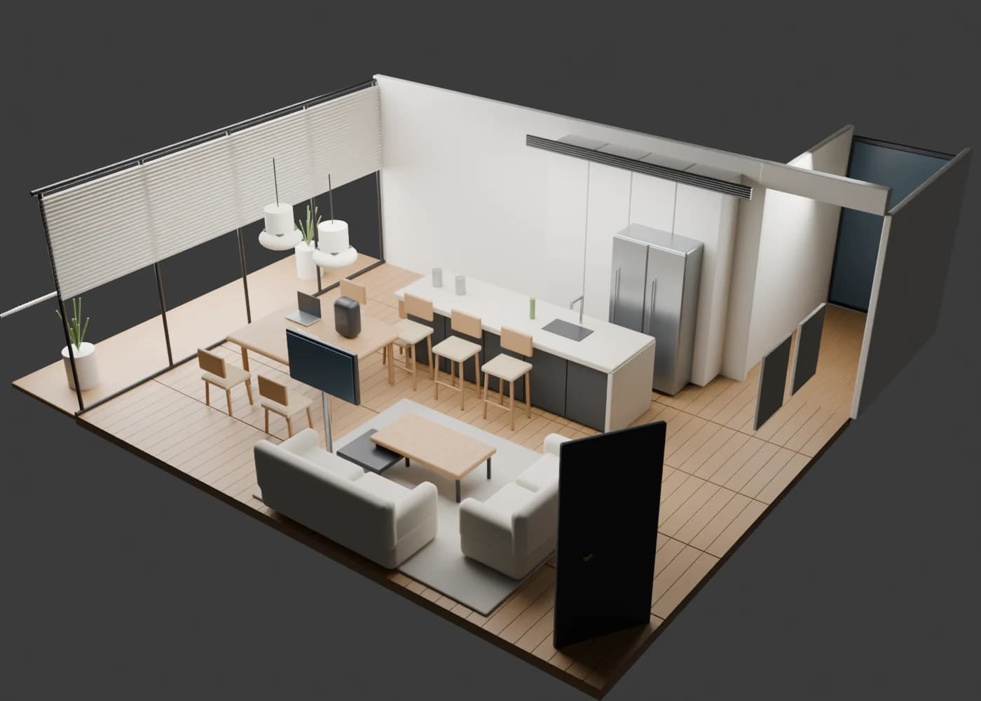 מודל Blender משוער של דירה עם סלון מטבח וחלונות במבט כולל