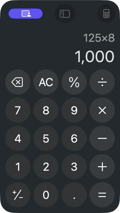 מחשבון macOS מציג 125 כפול 8 והתוצאה 1,000