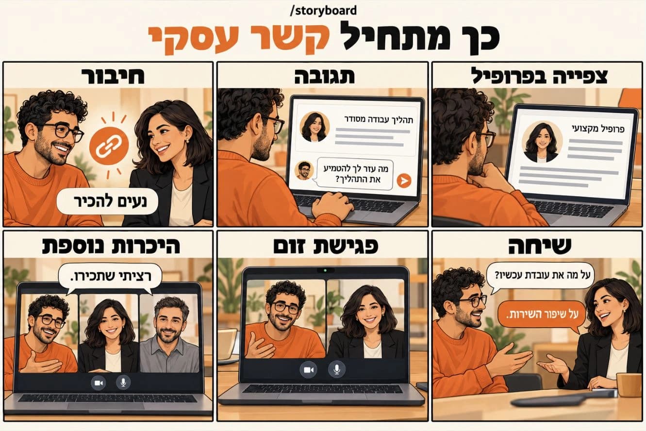 צילום מסך אמיתי מ־ChatGPT: סיפור קשר עסקי בשישה פריימים