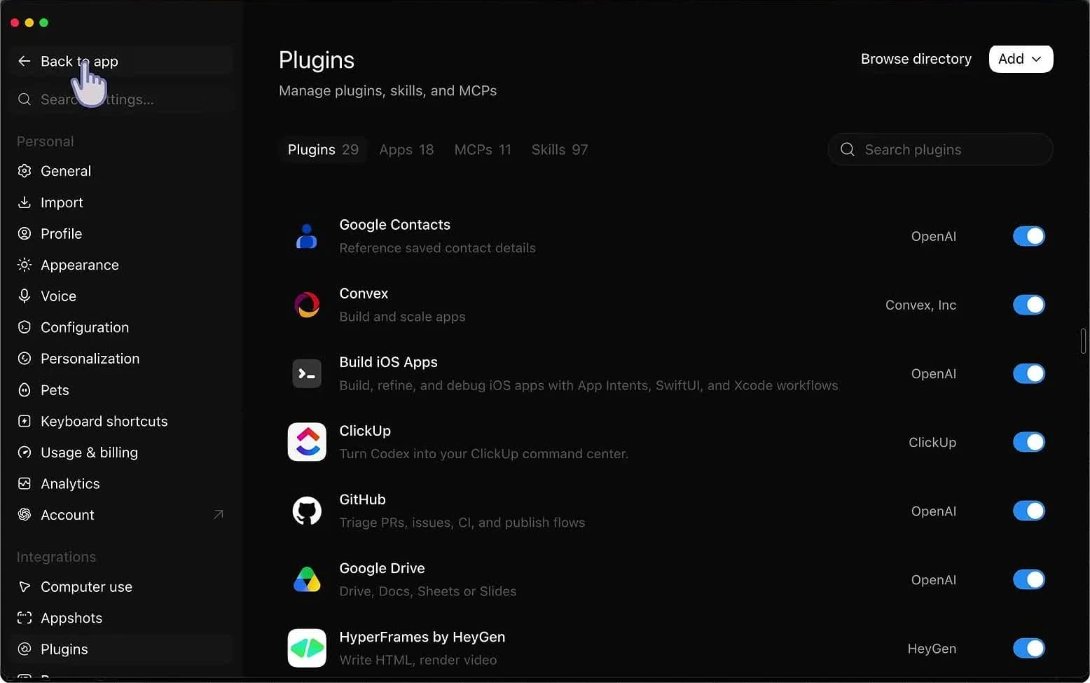 עמוד Plugins: קטגוריות, רשימת תוספים ומצב החיבורים.