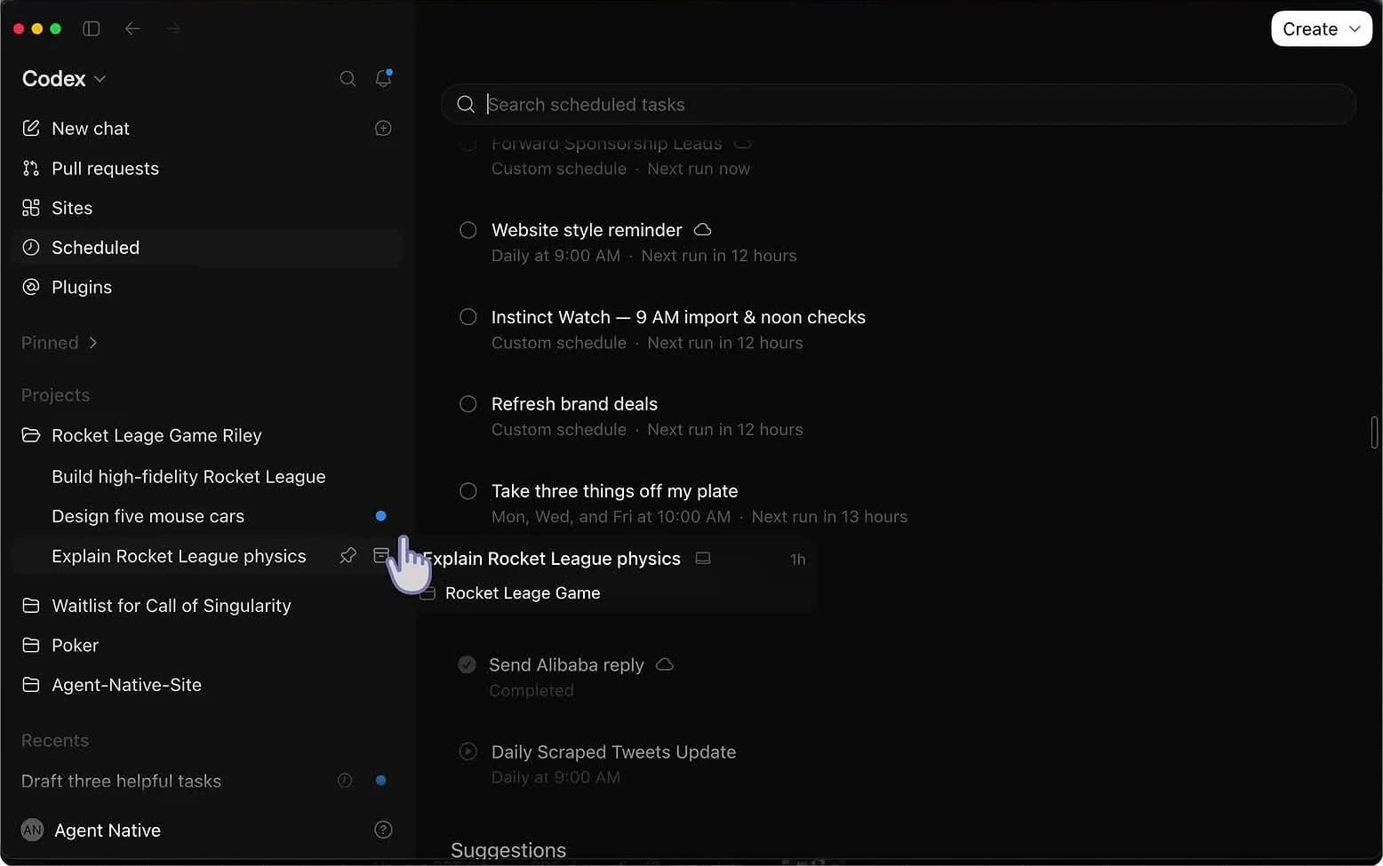 מסך Scheduled מציג את המשימות המתוזמנות וכפתור Create.