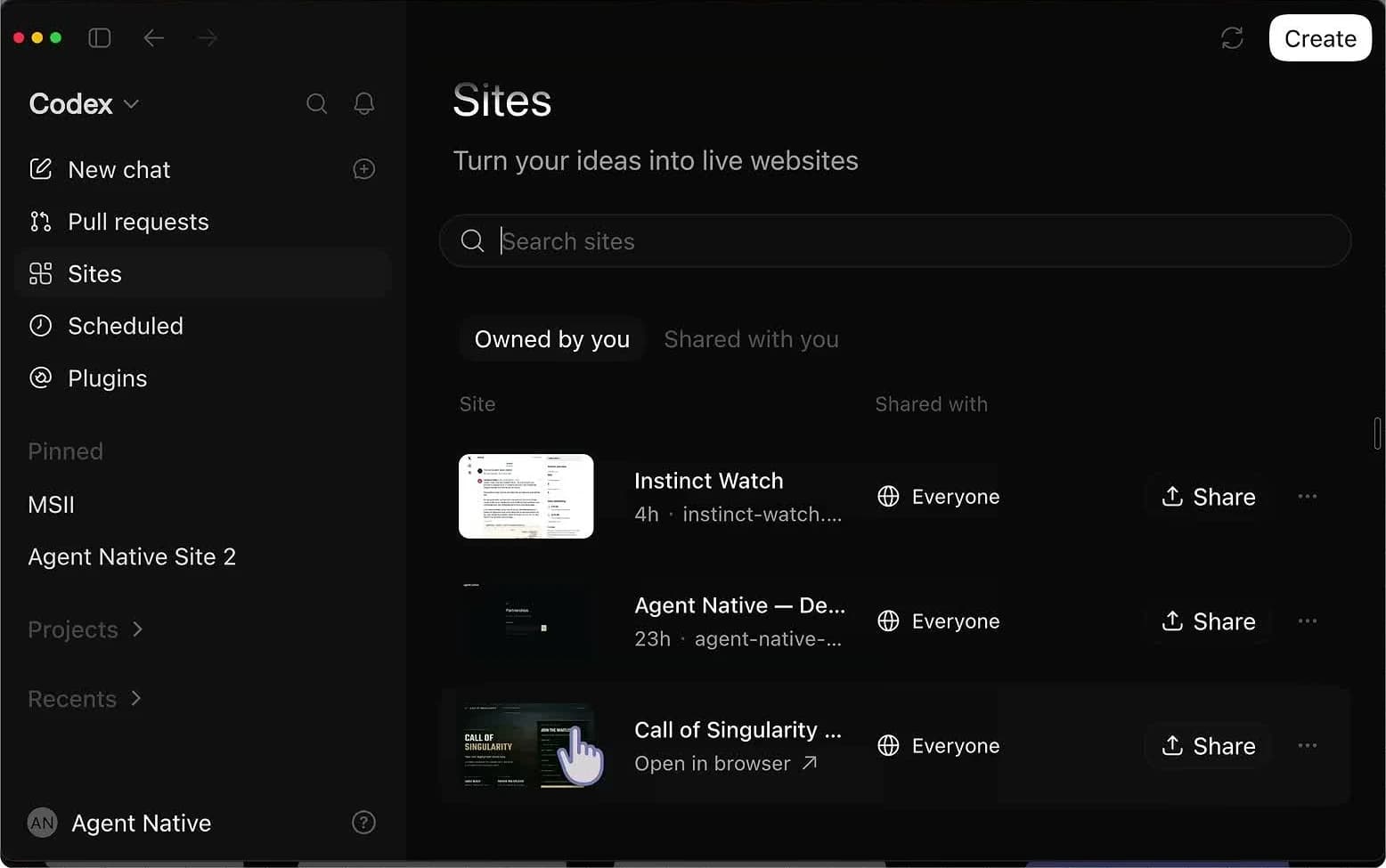 אזור Sites: רשימת אתרים וכפתור Create ליצירת אתר חדש.