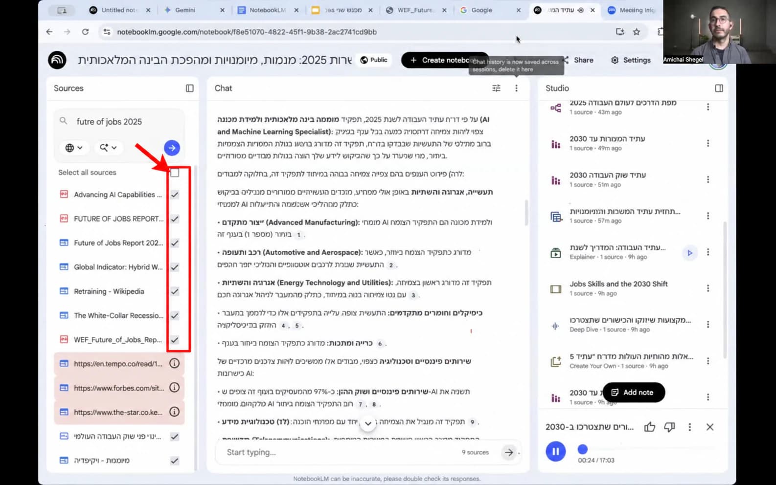 בחירת מקורות ב-NotebookLM: חץ ומסגרת אדומה סביב תיבות הסימון