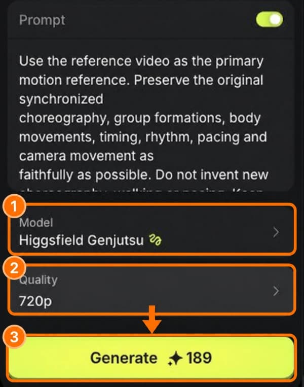 בחירת מודל Higgsfield Genjutsu, איכות 720p וכפתור Generate · עם מסגרות, חצים ומספרי פעולות