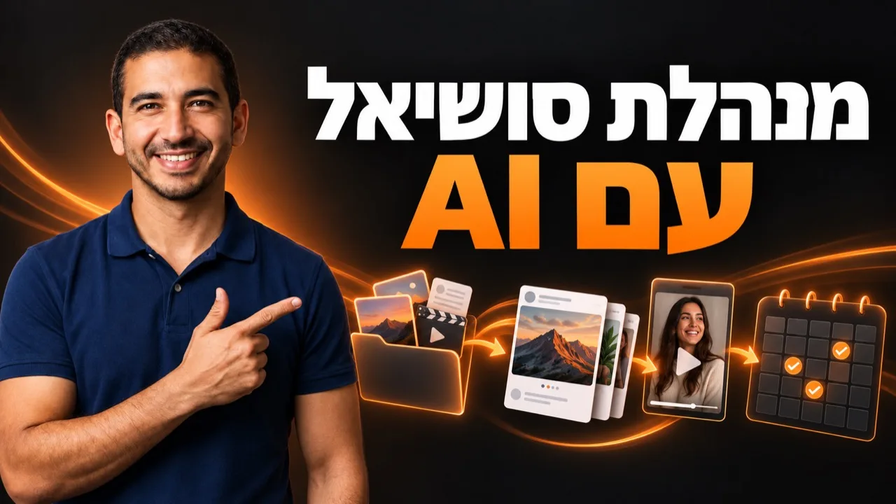 עמיחי שקל לצד הכותרת מנהלת סושיאל עם AI והמחשה של קרוסלה, סרטון ולוח תזמון