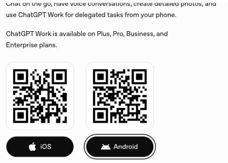 קישורי iOS ו־Android בעמוד ההורדה הרשמי של ChatGPT