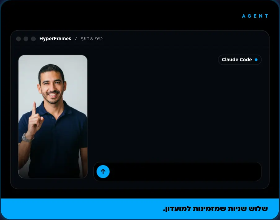 הדגמה: ל-Claude Code נכתבת בקשה להוסיף כרטיס סיום של 3 שניות עם הלוגו והזמנה למועדון, שלושה שלבי עבודה מסומנים ברשימה אחד אחרי השני, מגיעה תשובה, והתצוגה של עמיחי מרים אצבע מול המצלמה מתבהרת.